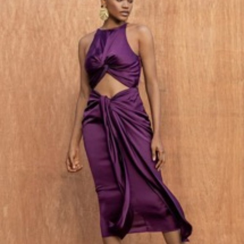 Andrea Iyamah Reni Dress in Plum SATIN MIDI CUT OUT SIZE Large (Fits US 8 - 10)